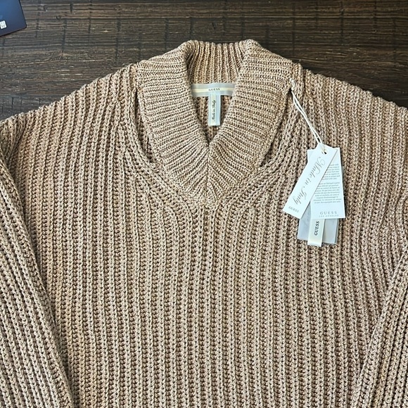 GUESS Dirty Lurex Metallic Cut-Out Neck Sweater Gold Shimmer Size Medium NWT - Picture 6 of 12